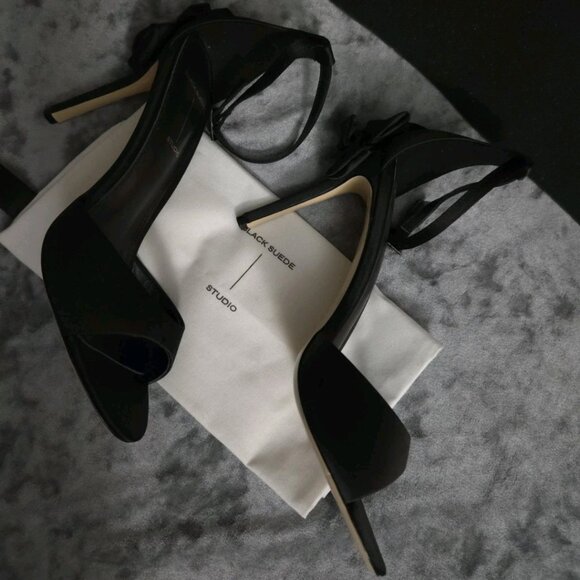 BLACK SUEDE STUDIO LUXURY JOSEY 100 SATIN HEEL w box and dust bag - Picture 8 of 9